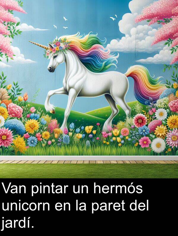 jardí: Van pintar un hermós unicorn en la paret del jardí.