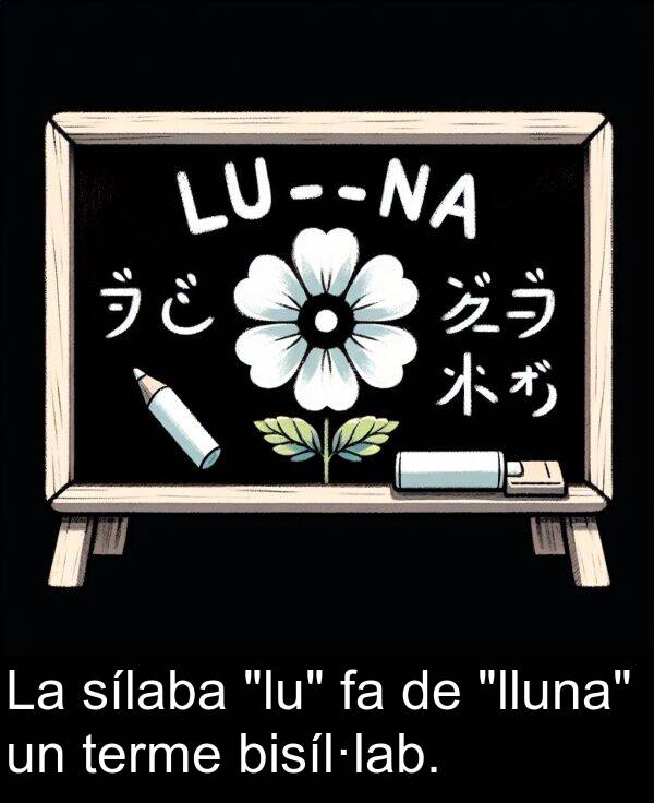 bisíl·lab: La sílaba "lu" fa de "lluna" un terme bisíl·lab.