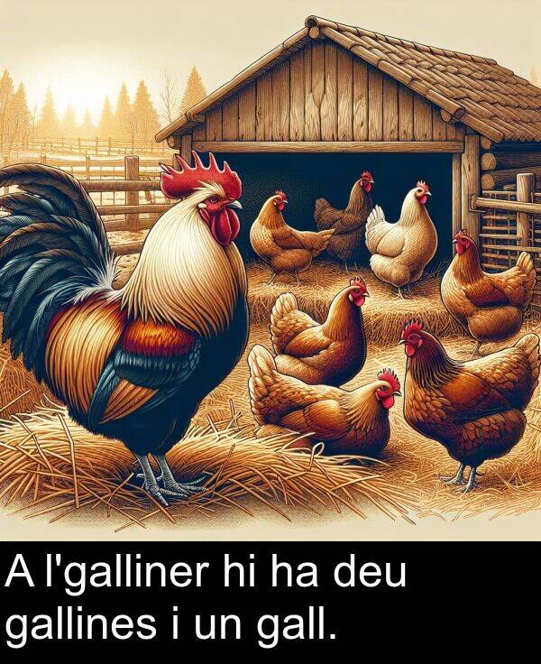 deu: A l'galliner hi ha deu gallines i un gall.