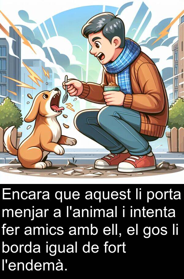 borda: Encara que aquest li porta menjar a l'animal i intenta fer amics amb ell, el gos li borda igual de fort l'endemà.