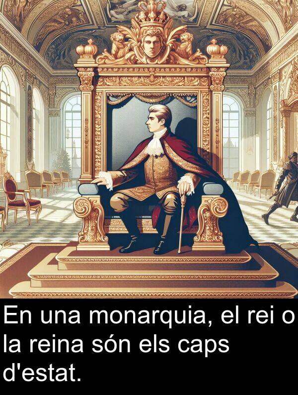 caps: En una monarquia, el rei o la reina són els caps d'estat.