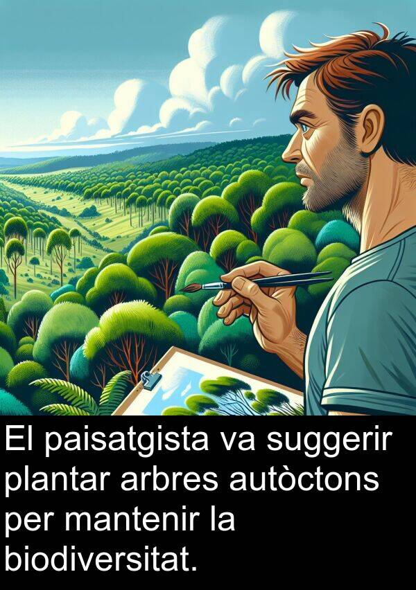 paisatgista: El paisatgista va suggerir plantar arbres autòctons per mantenir la biodiversitat.