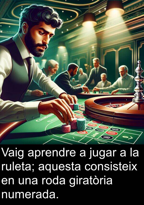 jugar: Vaig aprendre a jugar a la ruleta; aquesta consisteix en una roda giratòria numerada.