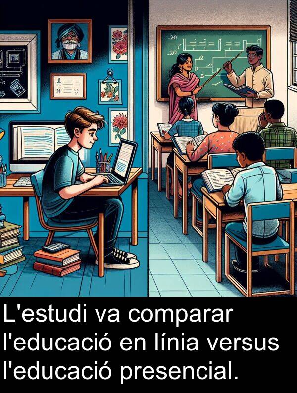 línia: L'estudi va comparar l'educació en línia versus l'educació presencial.