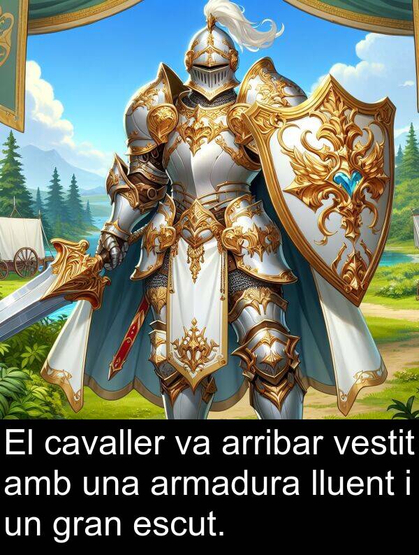 cavaller: El cavaller va arribar vestit amb una armadura lluent i un gran escut.