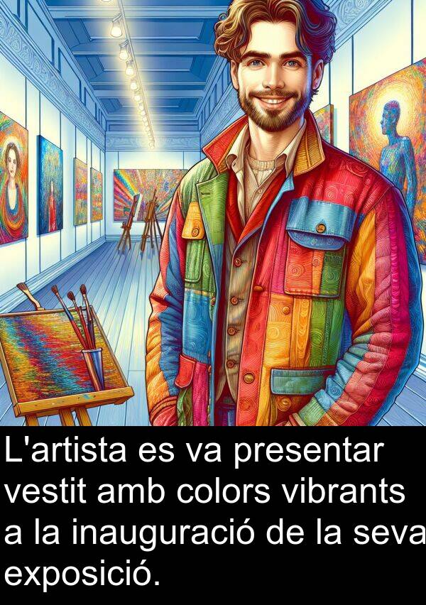 inauguració: L'artista es va presentar vestit amb colors vibrants a la inauguració de la seva exposició.