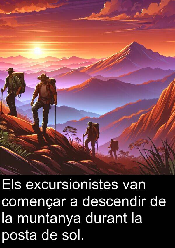 descendir: Els excursionistes van començar a descendir de la muntanya durant la posta de sol.