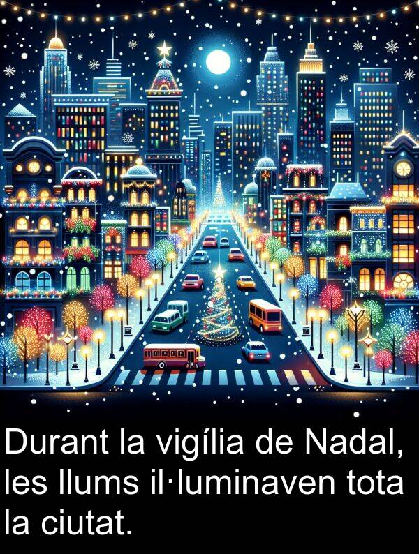 llums: Durant la vigília de Nadal, les llums il·luminaven tota la ciutat.