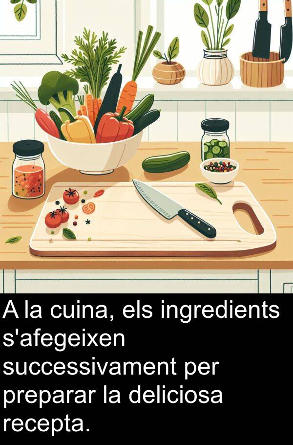 deliciosa: A la cuina, els ingredients s'afegeixen successivament per preparar la deliciosa recepta.