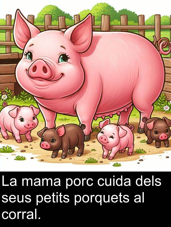 dels: La mama porc cuida dels seus petits porquets al corral.