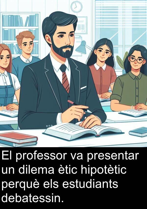 debatessin: El professor va presentar un dilema ètic hipotètic perquè els estudiants debatessin.