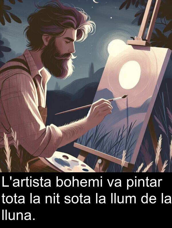 llum: L'artista bohemi va pintar tota la nit sota la llum de la lluna.