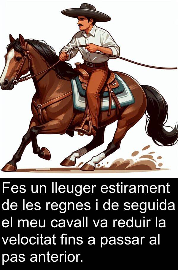 pas: Fes un lleuger estirament de les regnes i de seguida el meu cavall va reduir la velocitat fins a passar al pas anterior.