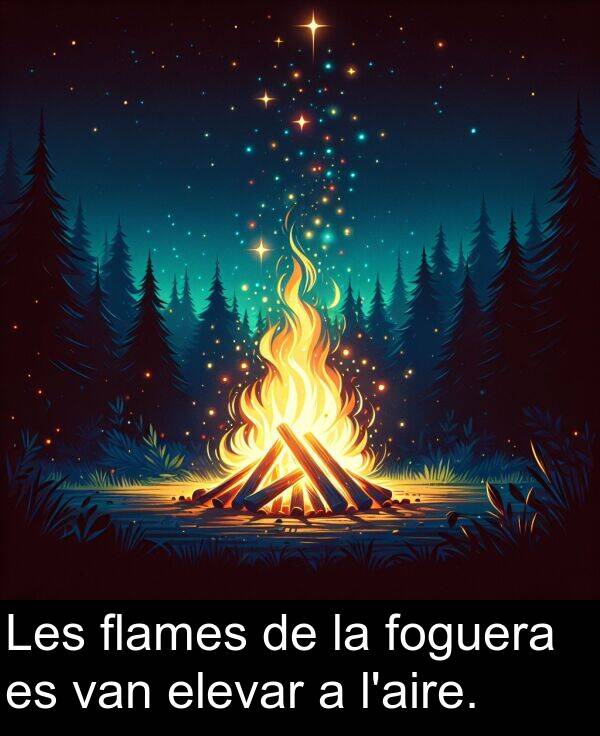 flames: Les flames de la foguera es van elevar a l'aire.