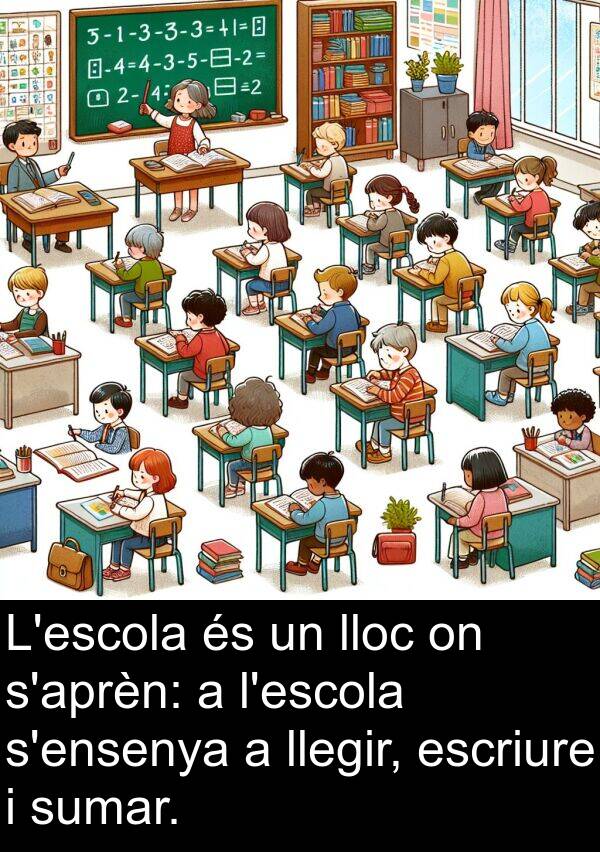 llegir: L'escola és un lloc on s'aprèn: a l'escola s'ensenya a llegir, escriure i sumar.