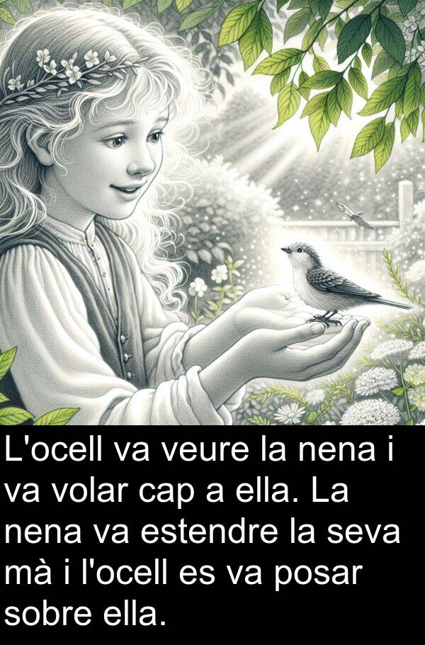 nena: L'ocell va veure la nena i va volar cap a ella. La nena va estendre la seva mà i l'ocell es va posar sobre ella.