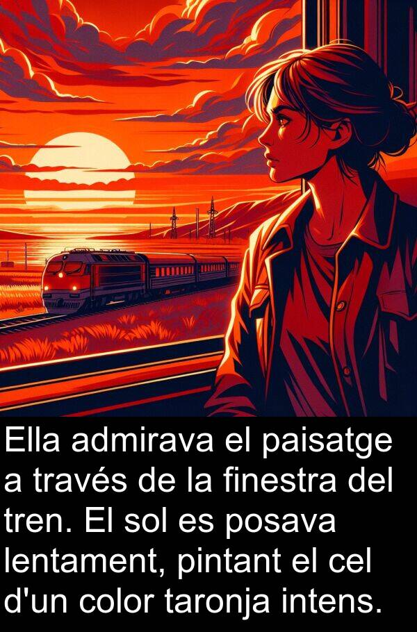 admirava: Ella admirava el paisatge a través de la finestra del tren. El sol es posava lentament, pintant el cel d'un color taronja intens.