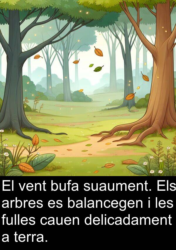 cauen: El vent bufa suaument. Els arbres es balancegen i les fulles cauen delicadament a terra.