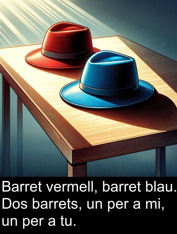 barrets: Barret vermell, barret blau. Dos barrets, un per a mi, un per a tu.