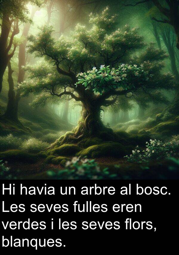 bosc: Hi havia un arbre al bosc. Les seves fulles eren verdes i les seves flors, blanques.