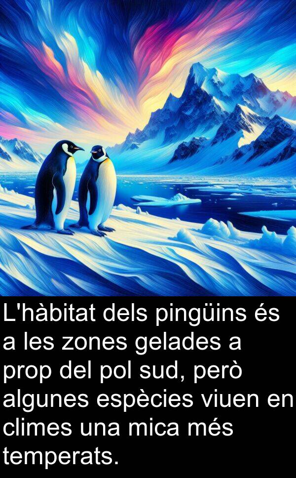 algunes: L'hàbitat dels pingüins és a les zones gelades a prop del pol sud, però algunes espècies viuen en climes una mica més temperats.