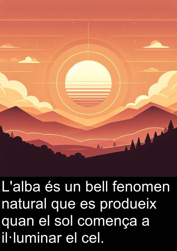 bell: L'alba és un bell fenomen natural que es produeix quan el sol comença a il·luminar el cel.