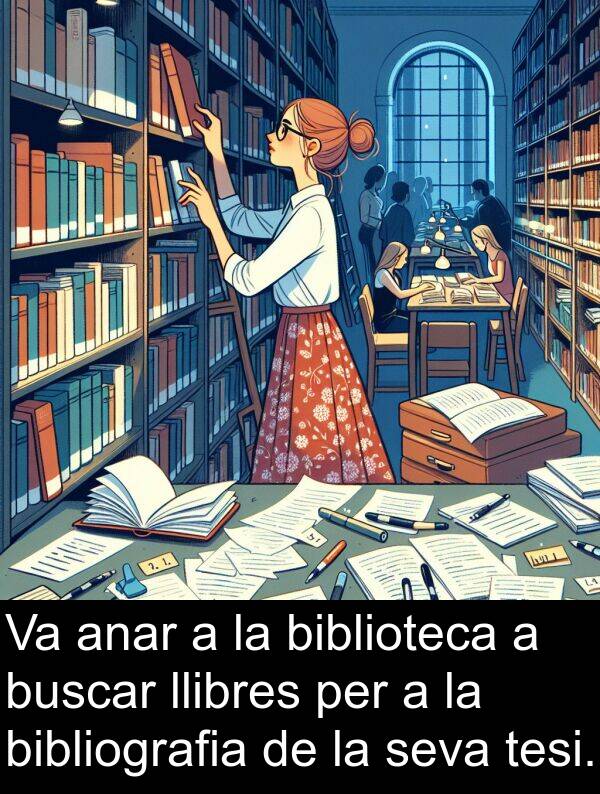 bibliografia: Va anar a la biblioteca a buscar llibres per a la bibliografia de la seva tesi.