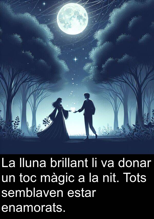 brillant: La lluna brillant li va donar un toc màgic a la nit. Tots semblaven estar enamorats.