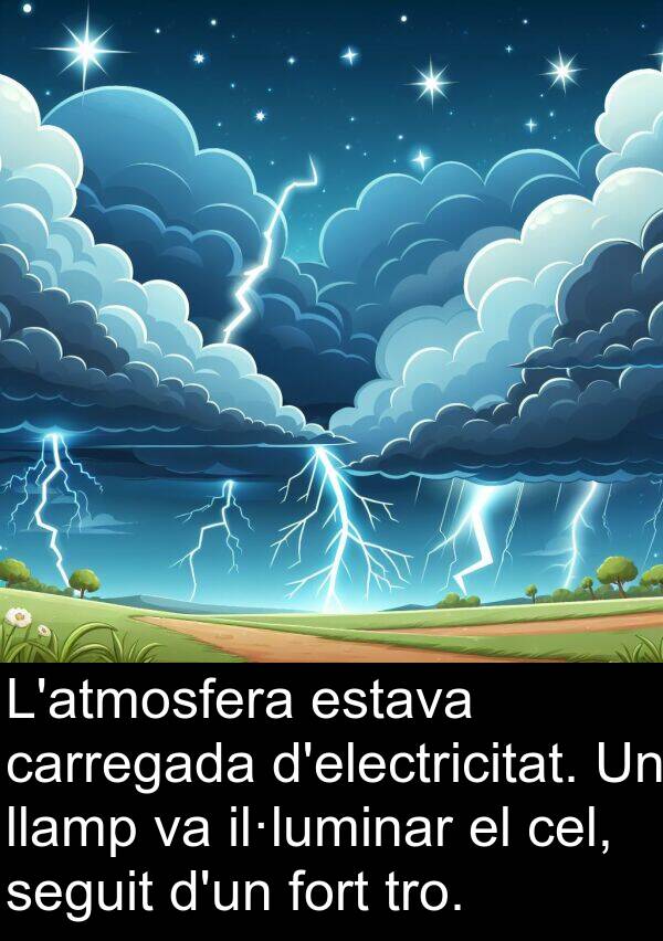 llamp: L'atmosfera estava carregada d'electricitat. Un llamp va il·luminar el cel, seguit d'un fort tro.