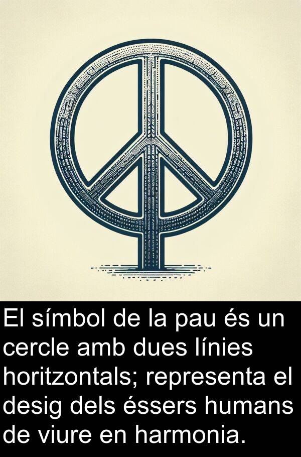 desig: El símbol de la pau és un cercle amb dues línies horitzontals; representa el desig dels éssers humans de viure en harmonia.