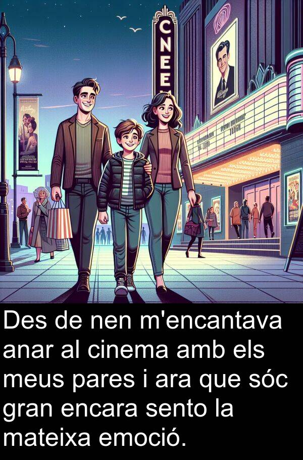 pares: Des de nen m'encantava anar al cinema amb els meus pares i ara que sóc gran encara sento la mateixa emoció.