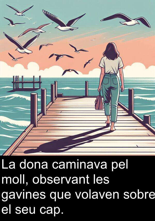 observant: La dona caminava pel moll, observant les gavines que volaven sobre el seu cap.