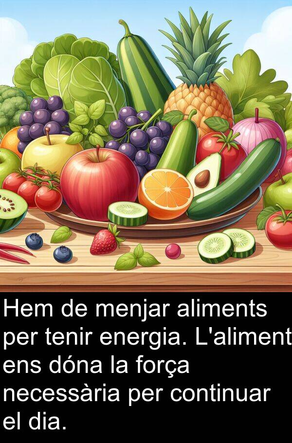 energia: Hem de menjar aliments per tenir energia. L'aliment ens dóna la força necessària per continuar el dia.