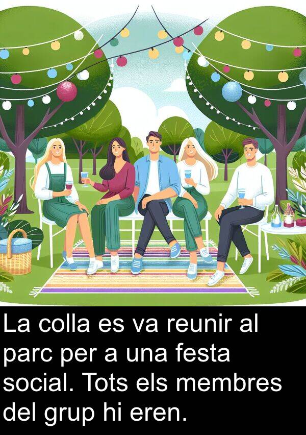 parc: La colla es va reunir al parc per a una festa social. Tots els membres del grup hi eren.