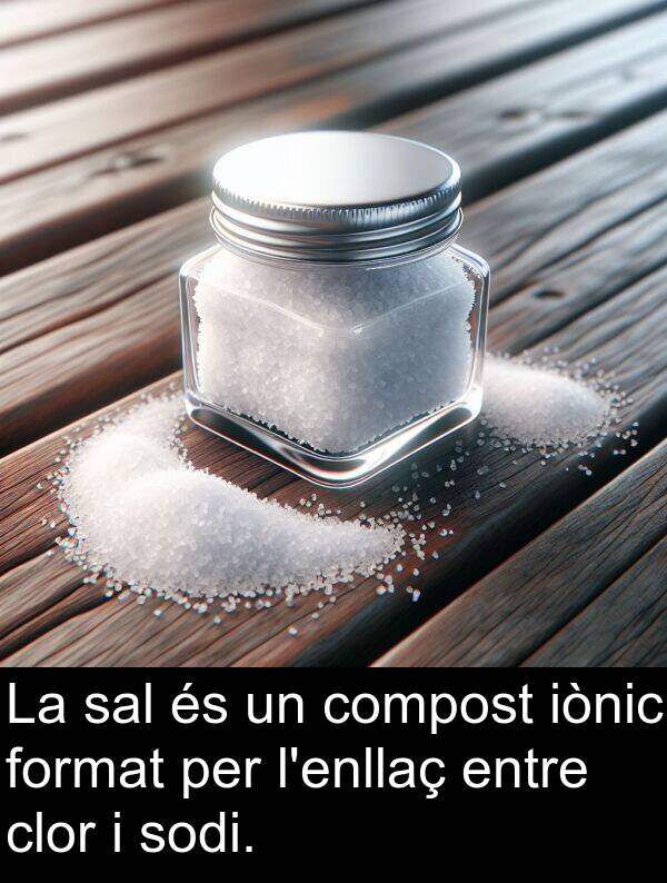 sal: La sal és un compost iònic format per l'enllaç entre clor i sodi.