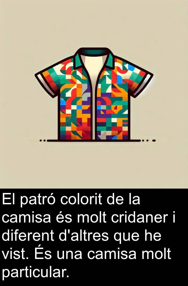 patró: El patró colorit de la camisa és molt cridaner i diferent d'altres que he vist. És una camisa molt particular.