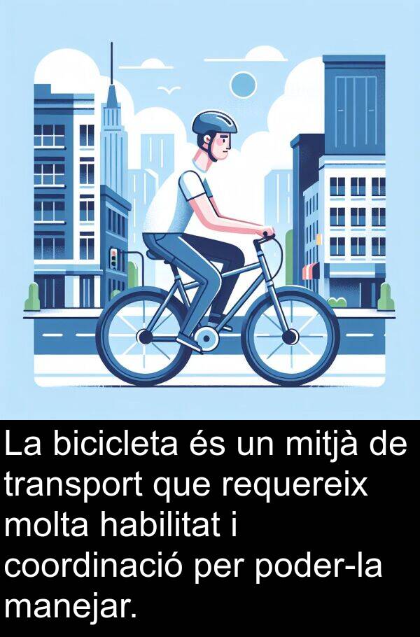 bicicleta: La bicicleta és un mitjà de transport que requereix molta habilitat i coordinació per poder-la manejar.