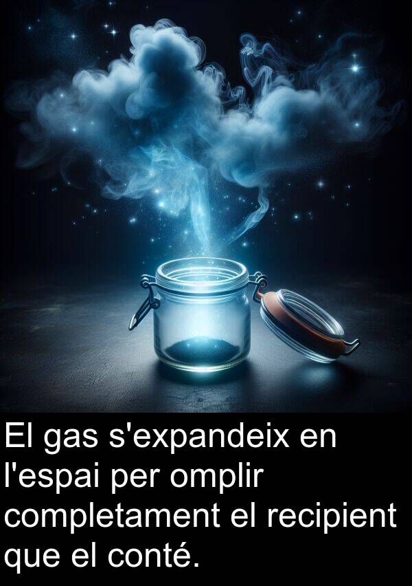 omplir: El gas s'expandeix en l'espai per omplir completament el recipient que el conté.