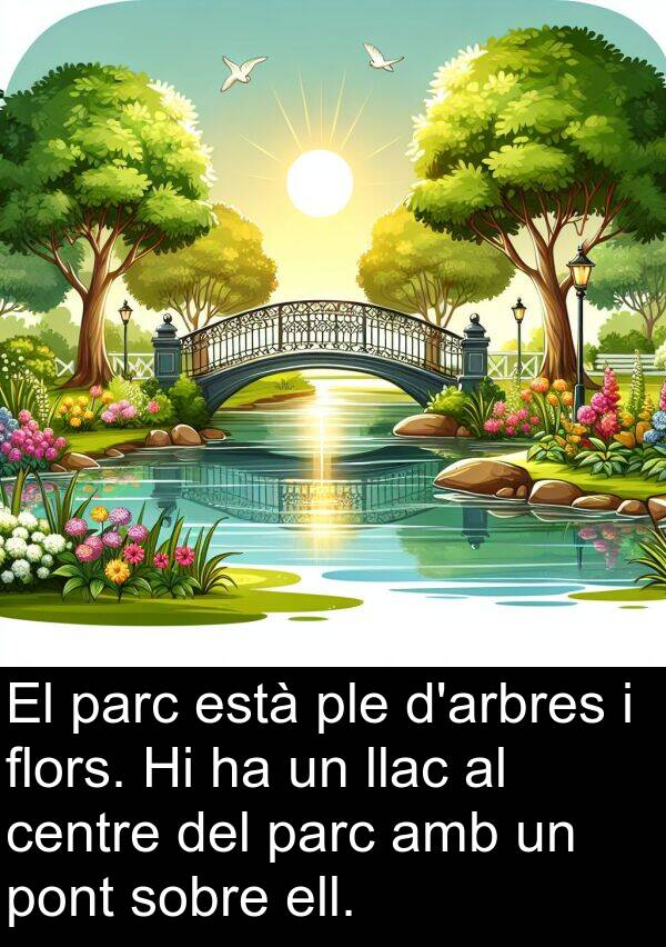 llac: El parc està ple d'arbres i flors. Hi ha un llac al centre del parc amb un pont sobre ell.