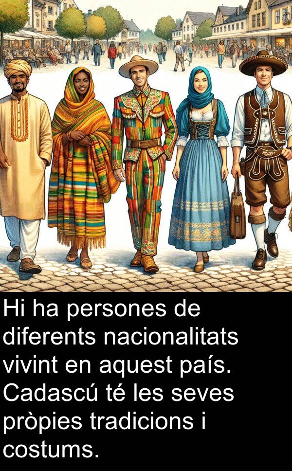 persones: Hi ha persones de diferents nacionalitats vivint en aquest país. Cadascú té les seves pròpies tradicions i costums.