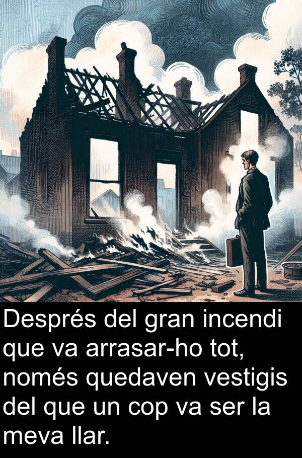 llar: Després del gran incendi que va arrasar-ho tot, només quedaven vestigis del que un cop va ser la meva llar.