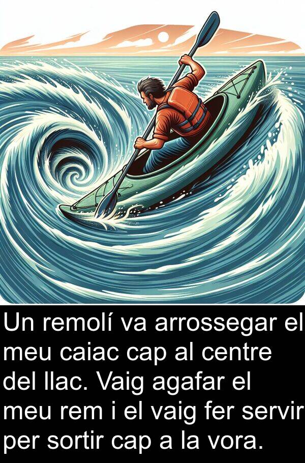 llac: Un remolí va arrossegar el meu caiac cap al centre del llac. Vaig agafar el meu rem i el vaig fer servir per sortir cap a la vora.