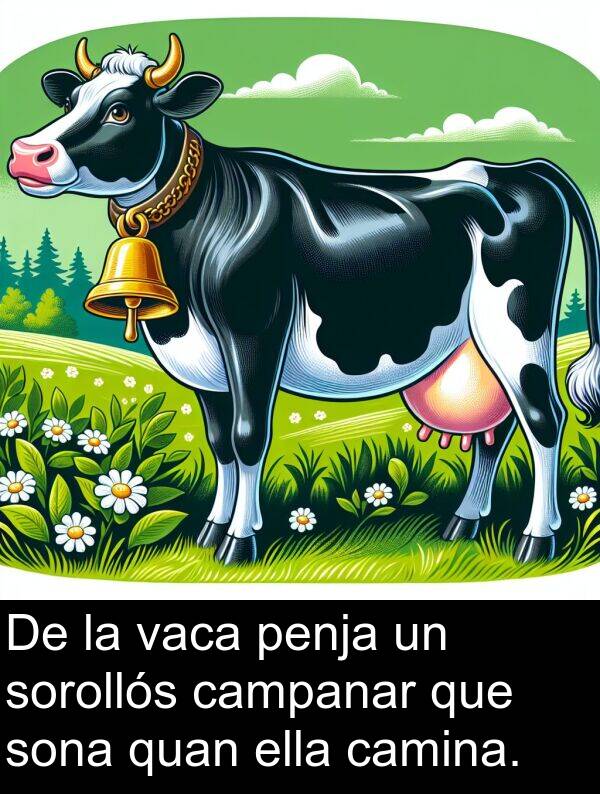 penja: De la vaca penja un sorollós campanar que sona quan ella camina.