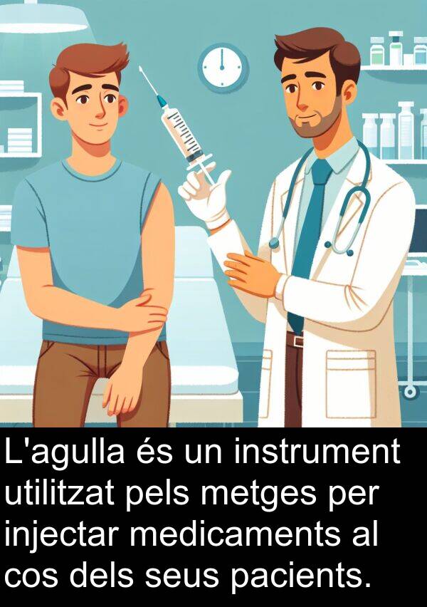 utilitzat: L'agulla és un instrument utilitzat pels metges per injectar medicaments al cos dels seus pacients.