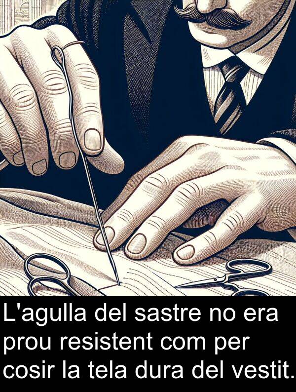 tela: L'agulla del sastre no era prou resistent com per cosir la tela dura del vestit.