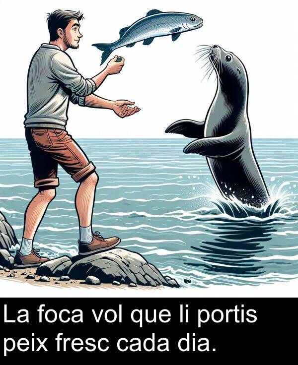 peix: La foca vol que li portis peix fresc cada dia.