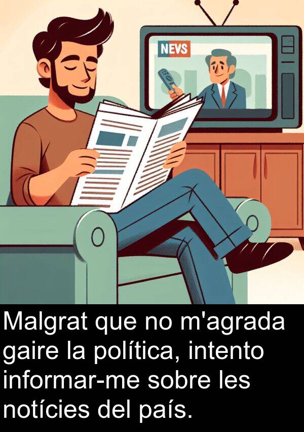 país: Malgrat que no m'agrada gaire la política, intento informar-me sobre les notícies del país.