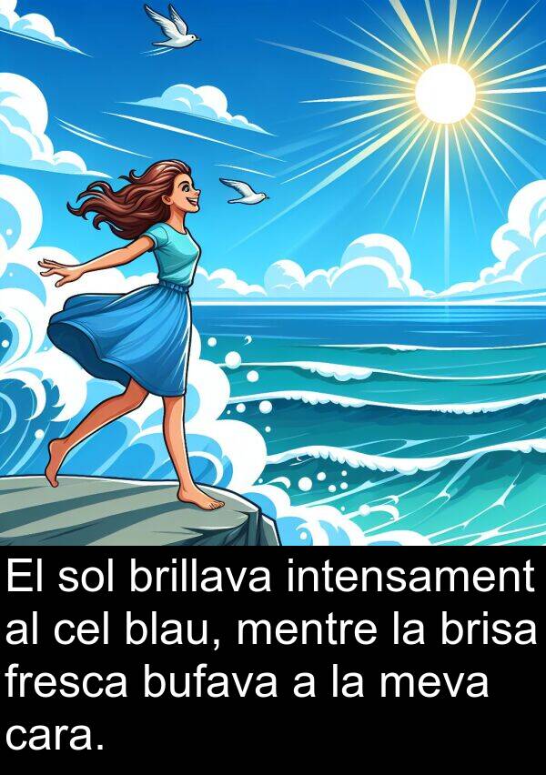 blau: El sol brillava intensament al cel blau, mentre la brisa fresca bufava a la meva cara.