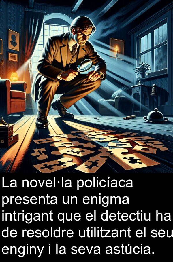 detectiu: La novel·la policíaca presenta un enigma intrigant que el detectiu ha de resoldre utilitzant el seu enginy i la seva astúcia.