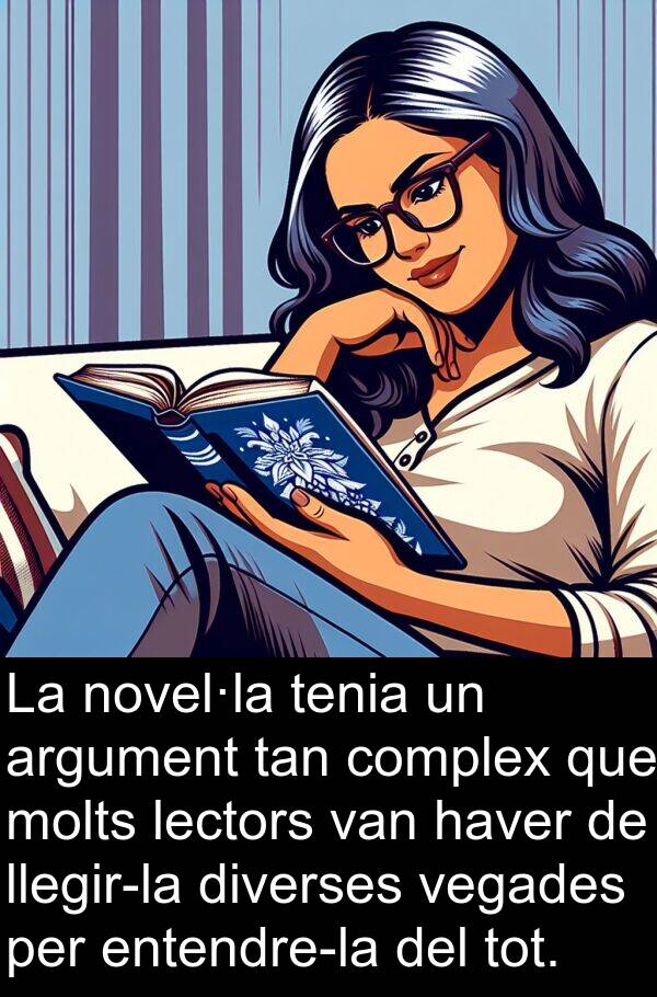 lectors: La novel·la tenia un argument tan complex que molts lectors van haver de llegir-la diverses vegades per entendre-la del tot.